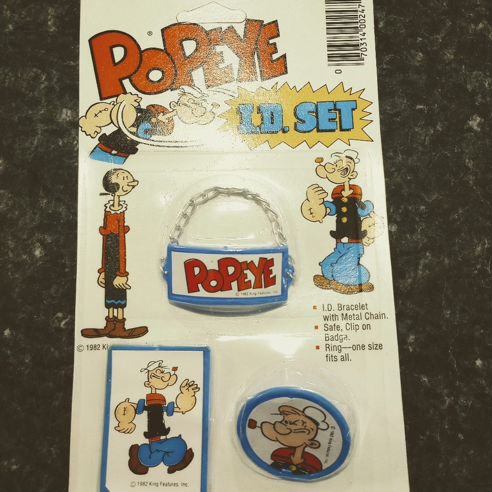 Popeye ID Set VTG 1982 Deadstock New King Features Bracelet Badge Ring Hong Kong